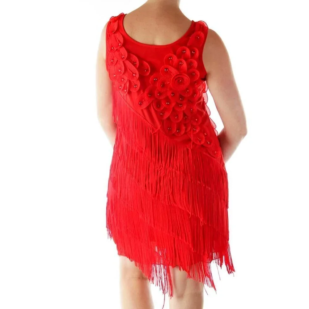 SilkRoll Red Floral Fringe Shift Cocktail Dress - Picture 3 of 3